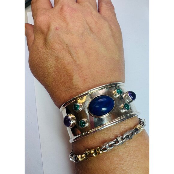 Vintage Estate Sterling Silver 925 Wide Cuff Bracelet w/ Lapis & Malachite 41g - Picture 7 of 13